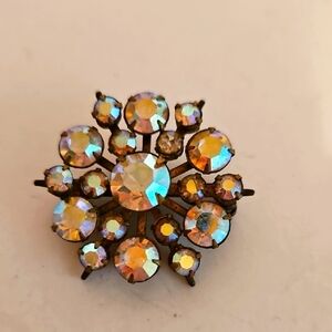 Brillant AB Pinkish Rhinestones On Copper Tone Brooch